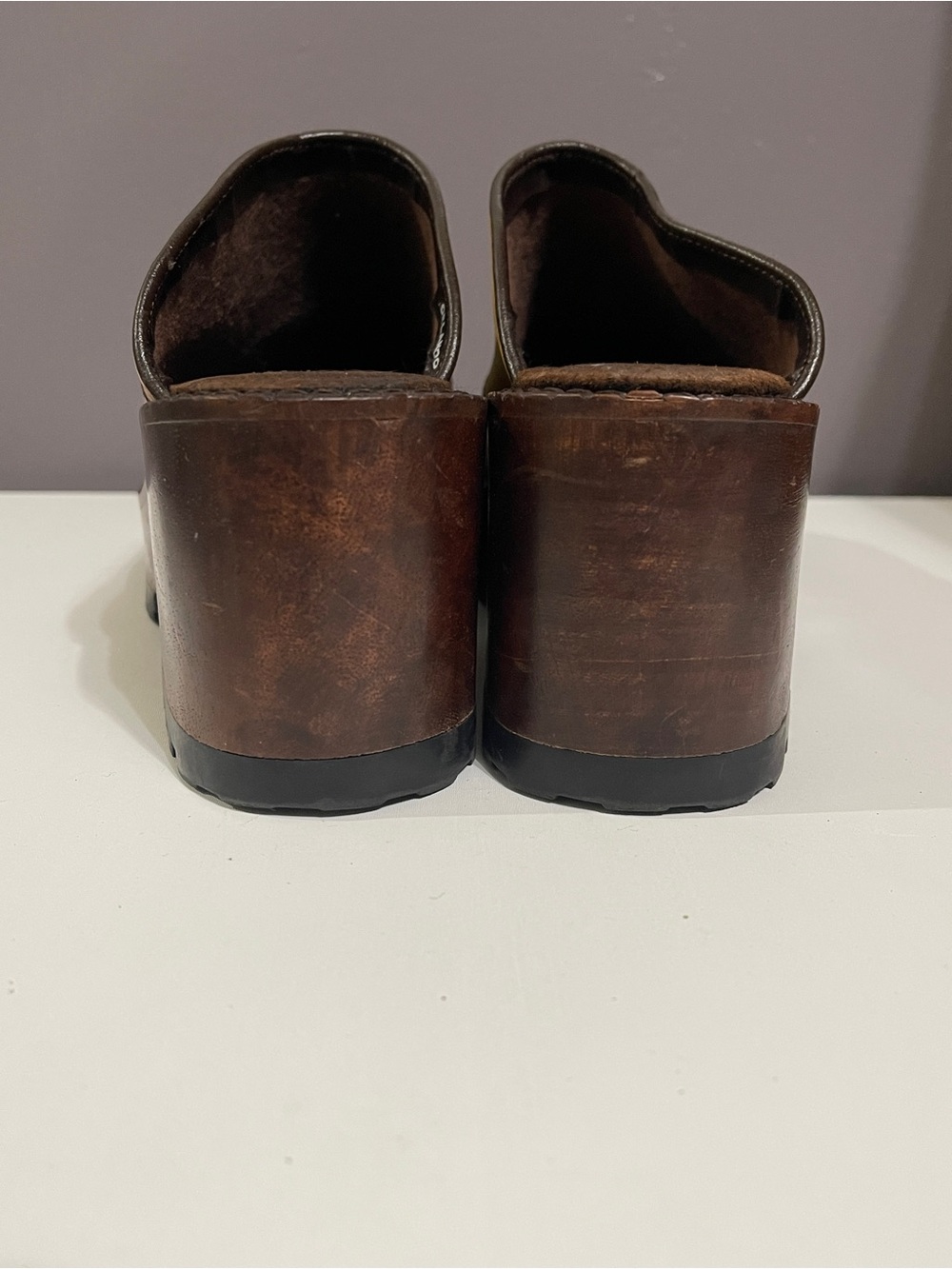 Y2K VTG Steve Madden Brown Leather Patchwork Platform Clog Mules - Picture 3 of 11